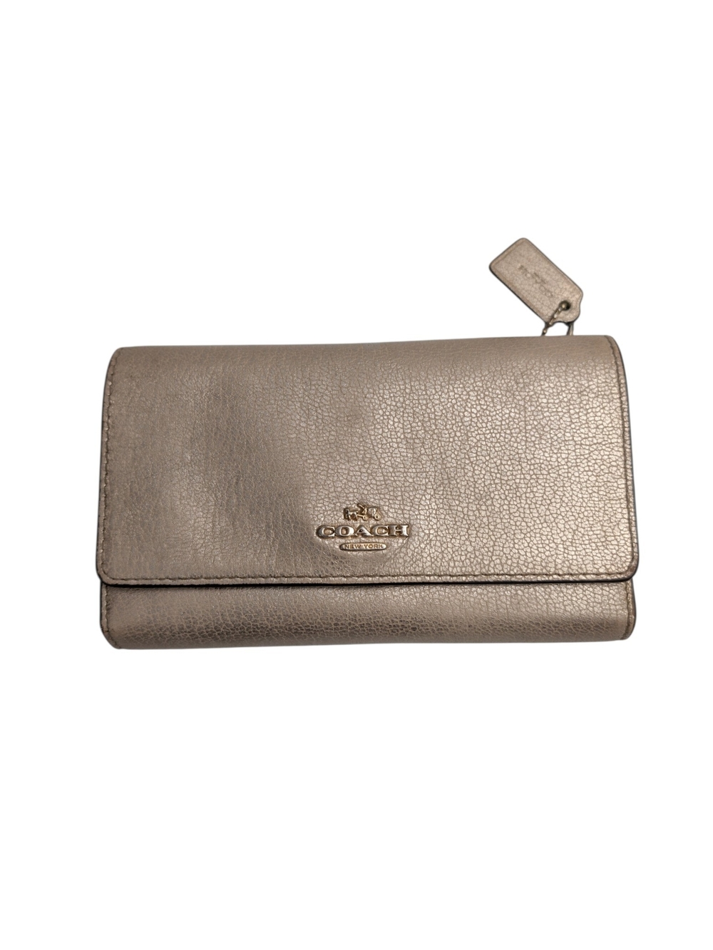 Coach Metallic Taupe Leather Fold-Over Wallet with Gold Logo